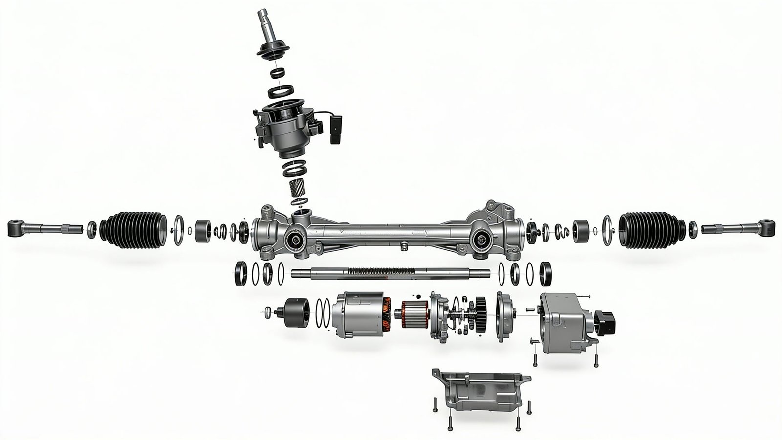 Exploded view of a FACAR electric steering rack, with every component numbered in the list beside it
